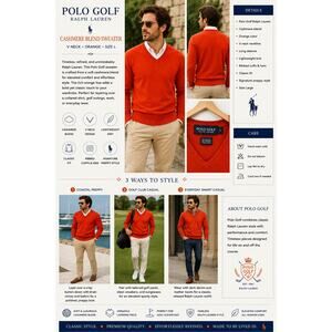 Polo Golf Ralph Lauren Sweater Cashmere Blend Vneck SZL Orange Athletic Preppy